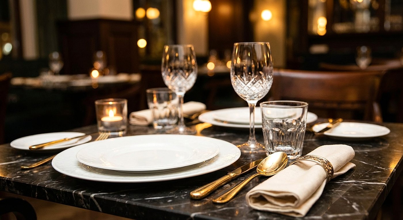 Gedeckte Catering-Tische mit hochwertigem Geschirr, Besteck und Servietten