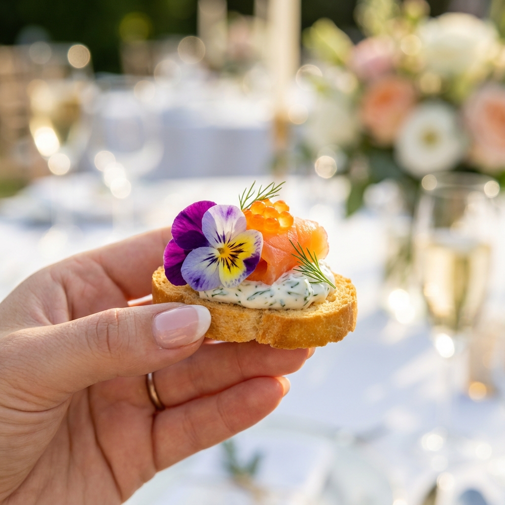 Gast greift Fingerfood-Happen vom Tablett