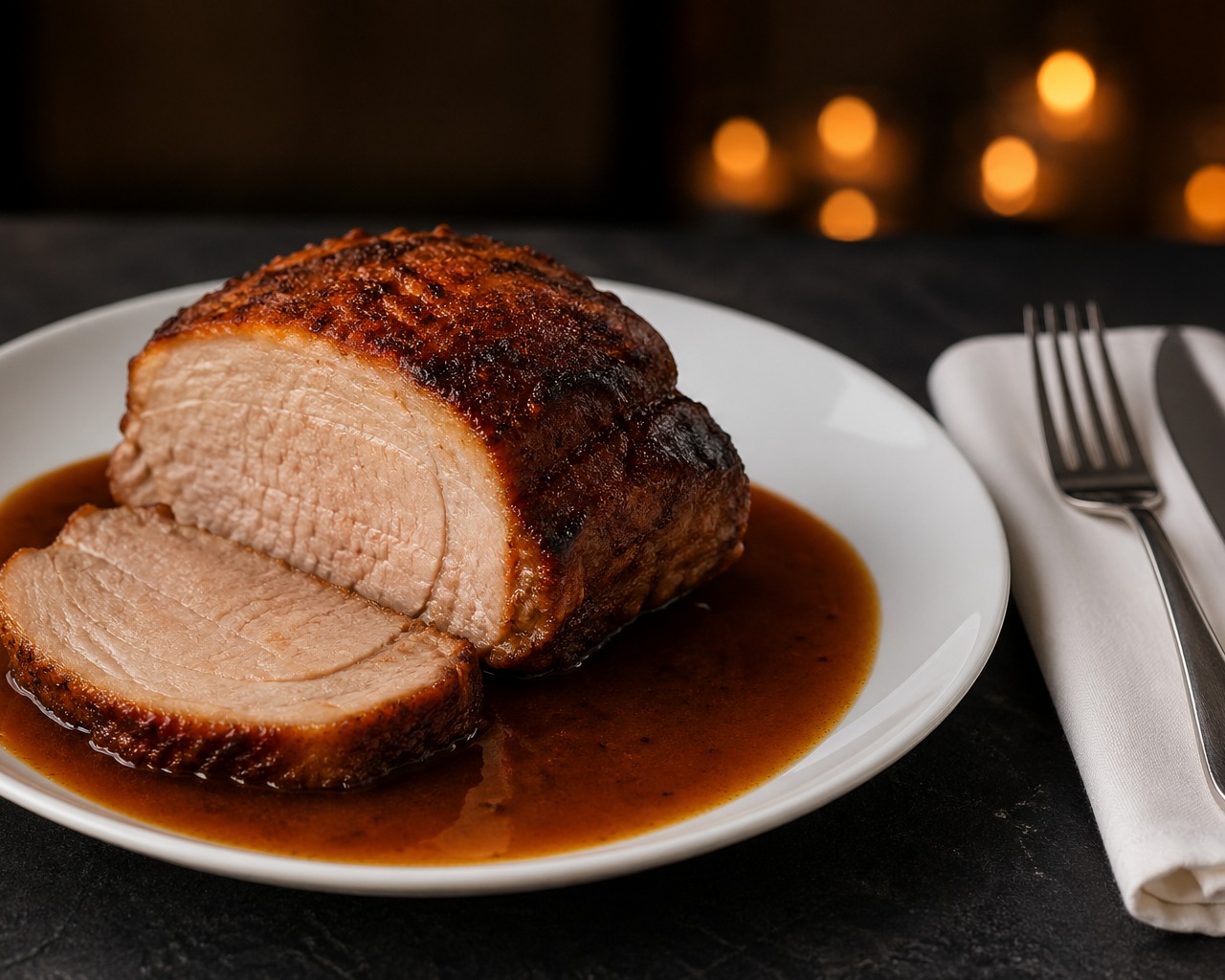 Deutsches Buffet mit Schweinebraten und Kartoffelbeilagen