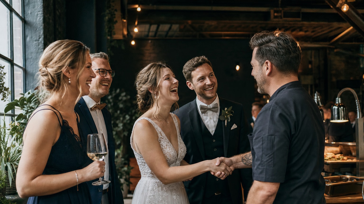 BBQ Catering Hochzeit NRW – Brautpaar und Gäste bei einer stimmungsvollen Hochzeitsfeier mit Catering in NRW