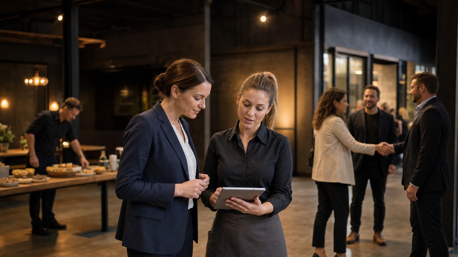 Business Catering NRW – Kolleginnen und Kollegen im Gespräch während einer Catering-Pause bei einer Firmenveranstaltung