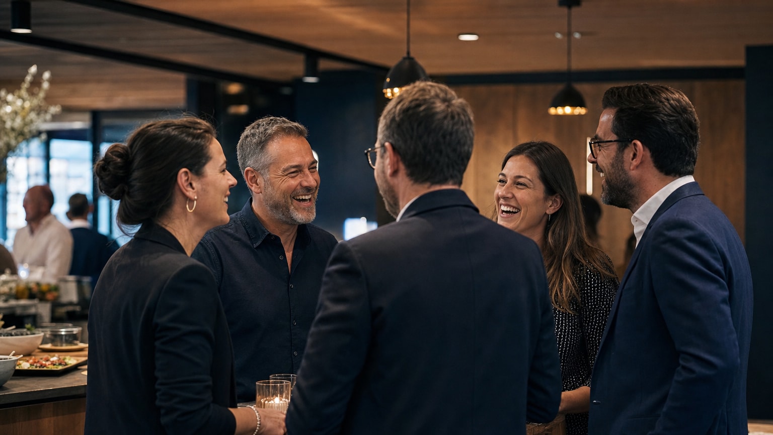 Business Lunch – Kolleginnen und Kollegen im Gespräch während einer Catering-Pause bei einer Firmenveranstaltung