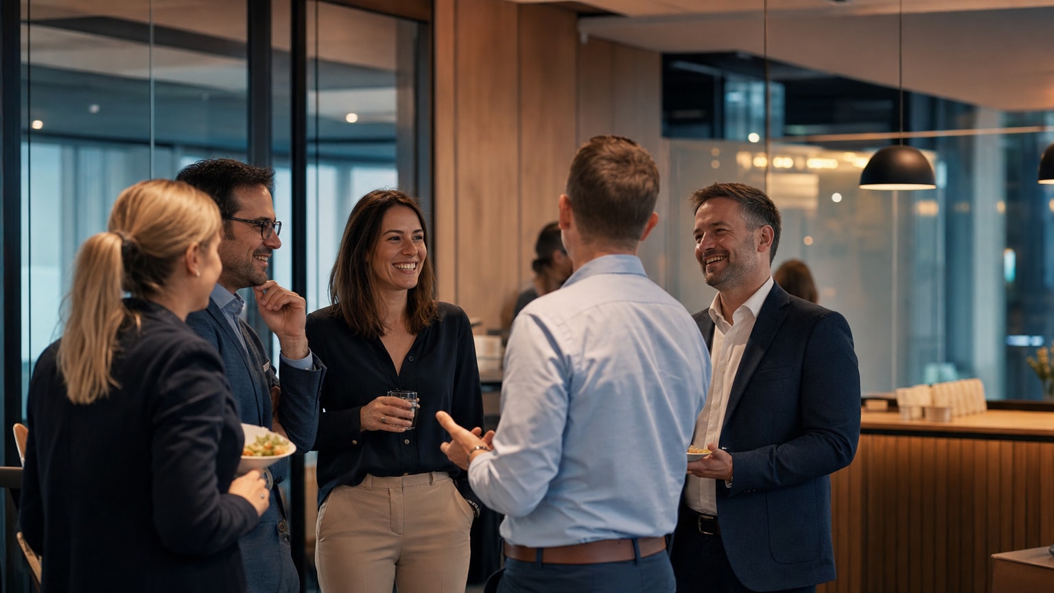 Catering für Seminare – Kolleginnen und Kollegen im Gespräch während einer Catering-Pause bei einer Firmenveranstaltung