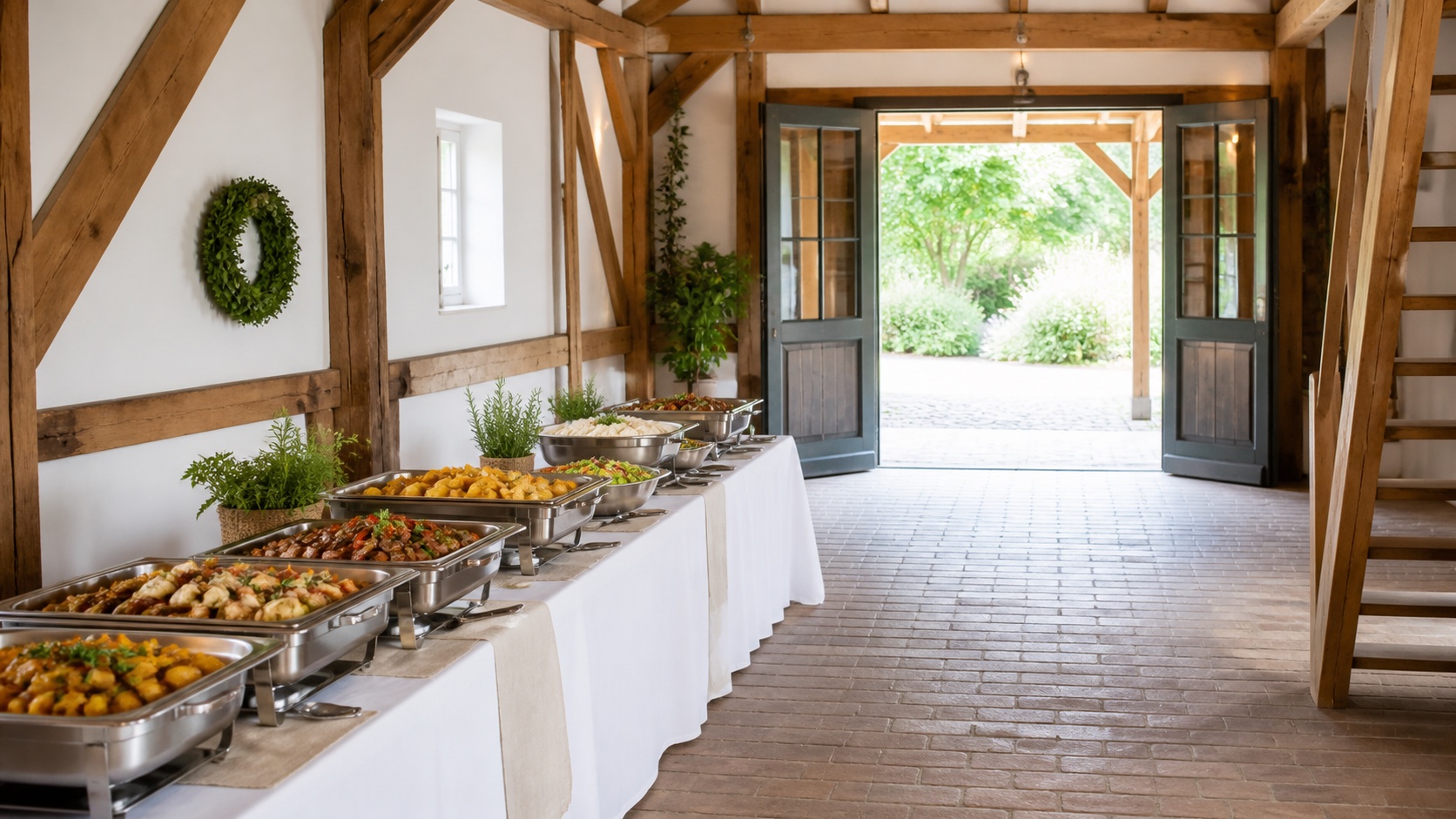 Catering-Location-Checkliste mit vorbereitetem Buffetplatz, freiem Eingang und ausreichend breiten Laufwegen