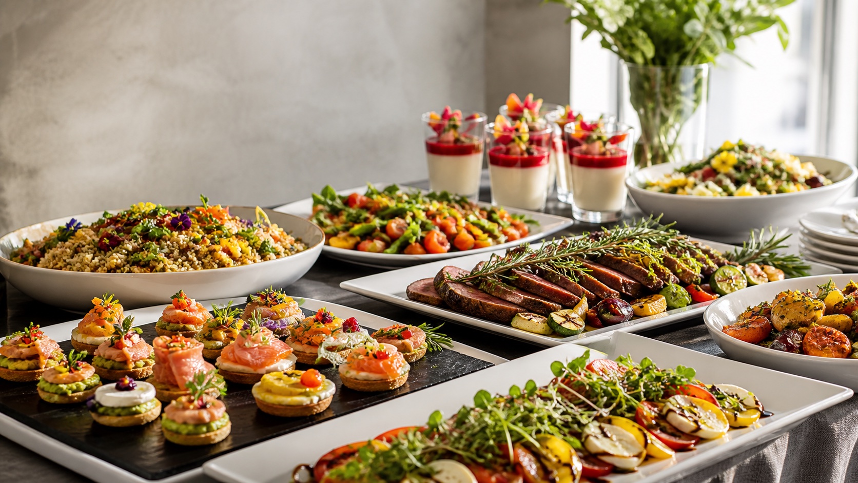 Premium-Catering-Buffet mit Canapes, Braten, Salaten und Desserts auf Buffetplatten