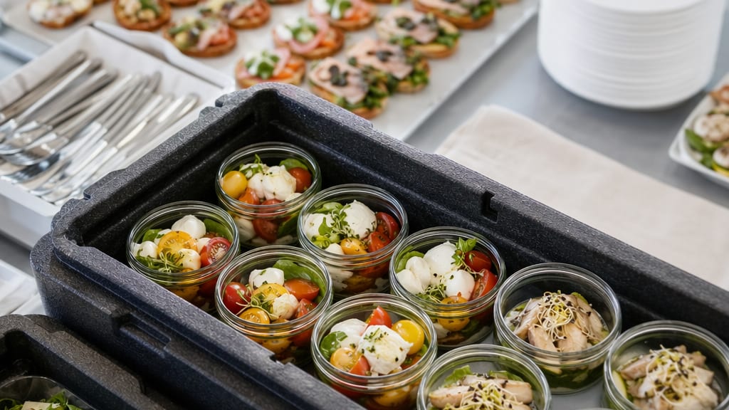 Modern angerichtetes Catering-Buffet mit warmen Speisen und Salaten