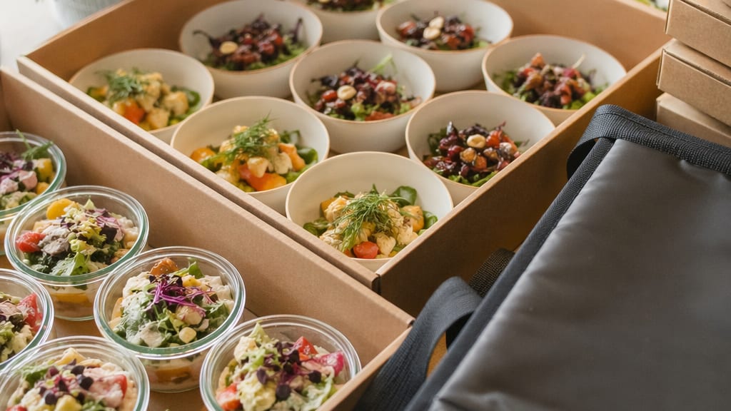 Catering-Auswahl mit Vorspeisen, Hauptgang-Komponenten und Dessertgläsern