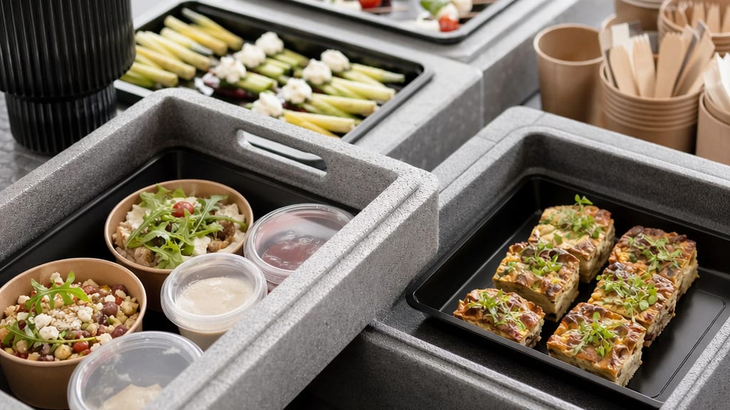 Aufgebautes Catering-Buffet mit Schalen, Platten und Warmhalte-Equipment