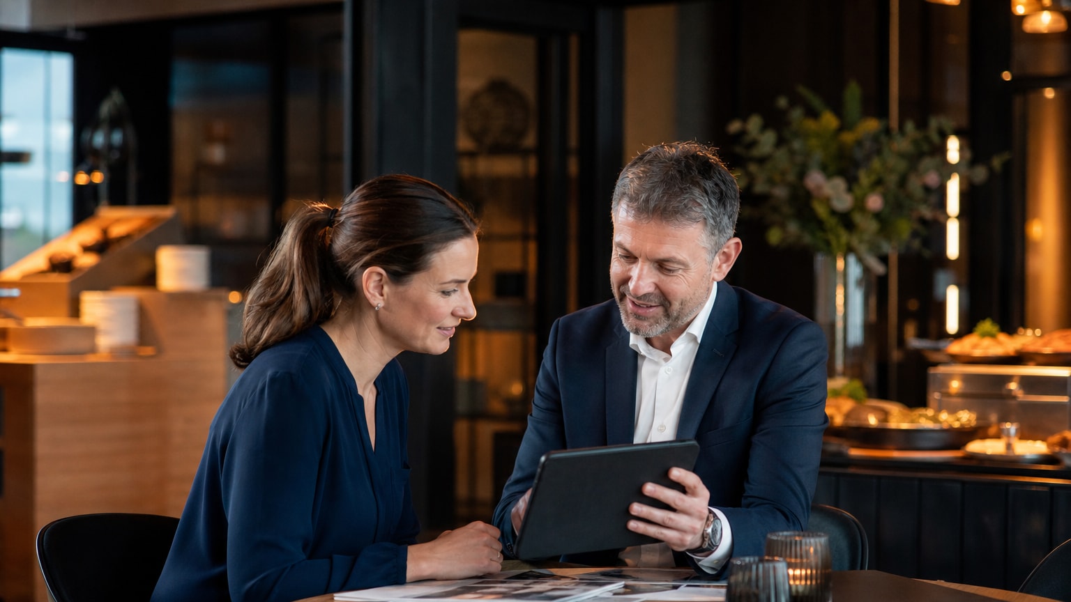Catering Preise – Veranstalterin und Catering-Berater besprechen Leistungen und Kosten für eine Feier