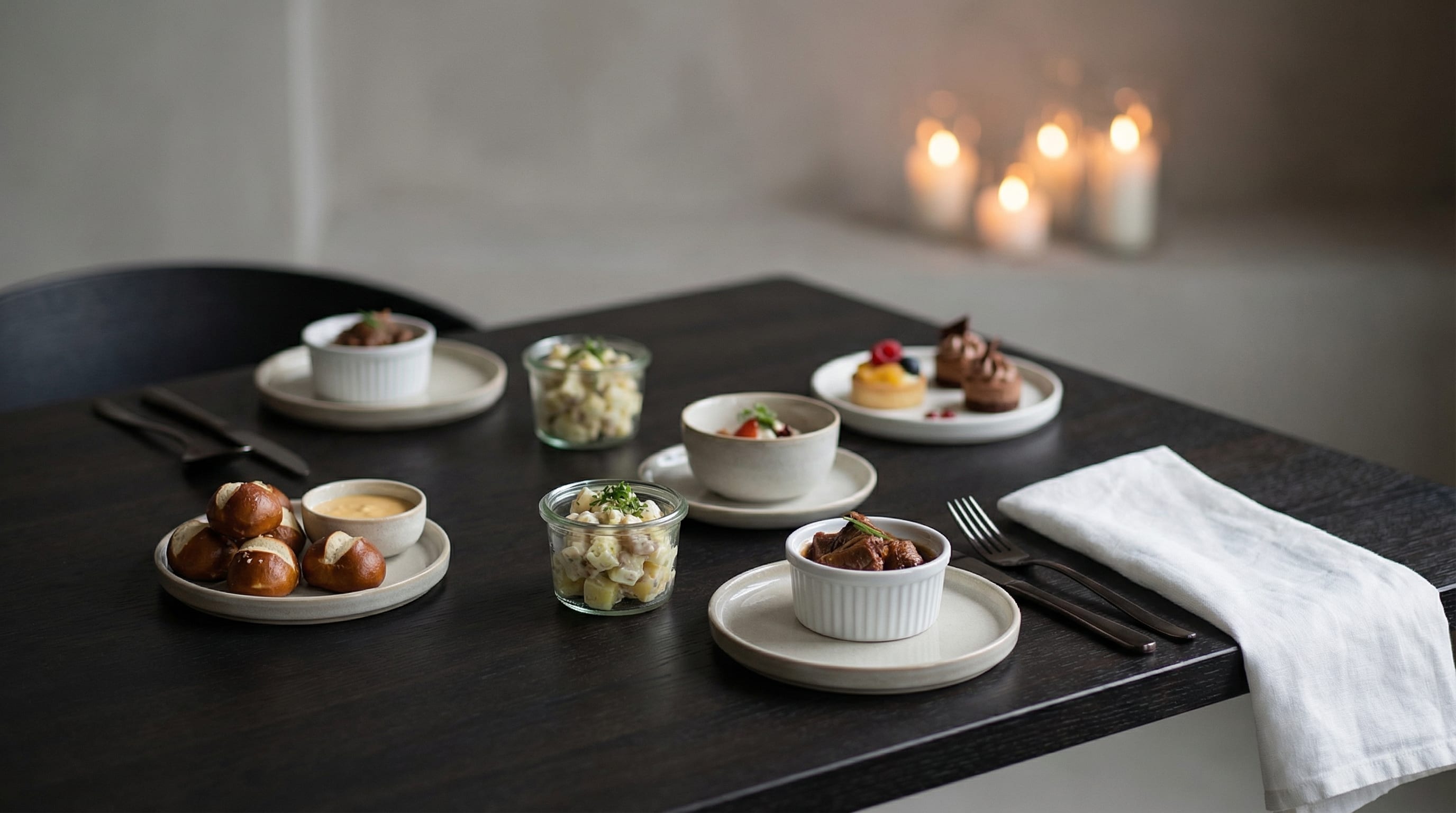 Catering-Probeset mit mehreren angerichteten Kostproben auf dunklem Tisch zum Testen von Geschmack und Qualität in NRW