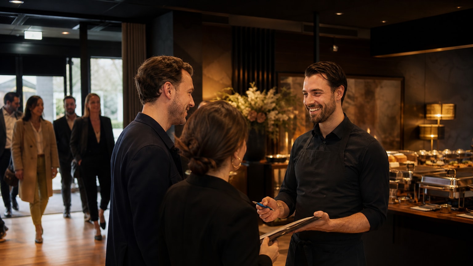 Catering-Service – Caterer empfängt Gastgeber in einem vorbereiteten Veranstaltungsraum in NRW