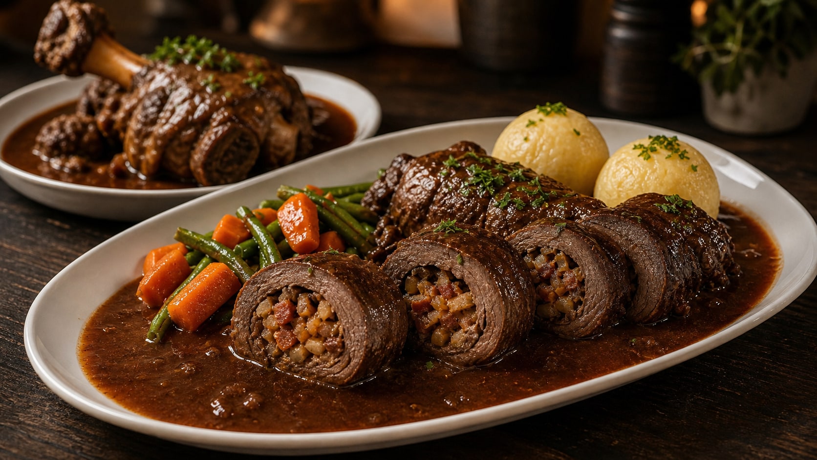 Deftiges Catering mit Rinderroulade, Lammhaxe, Kartoffelklößen und Gemüse in dunkler Sauce