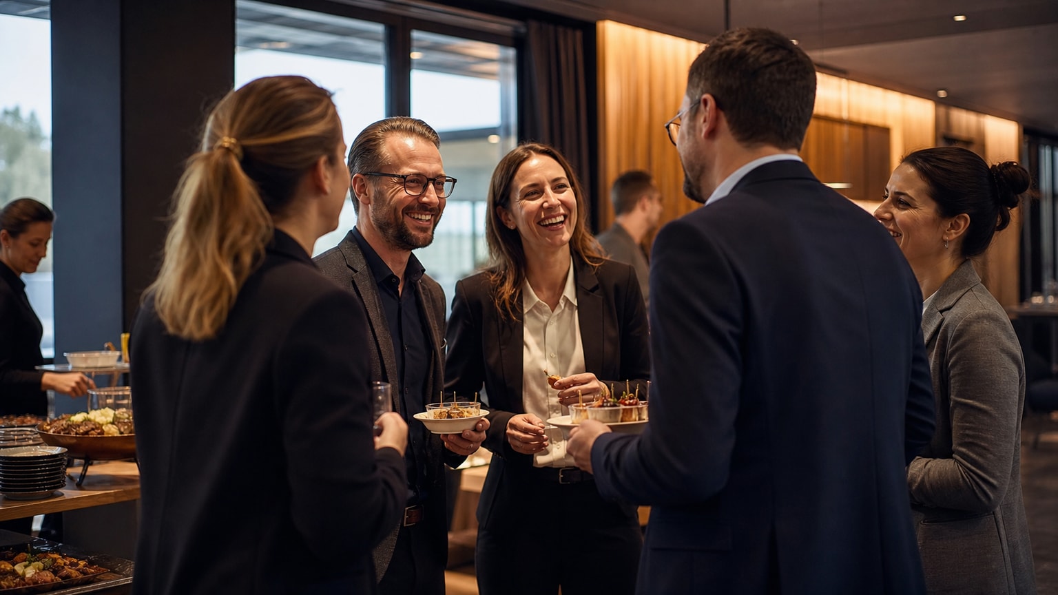 Fingerfood für Konferenzen – Kolleginnen und Kollegen im Gespräch während einer Catering-Pause bei einer Firmenveranstaltung