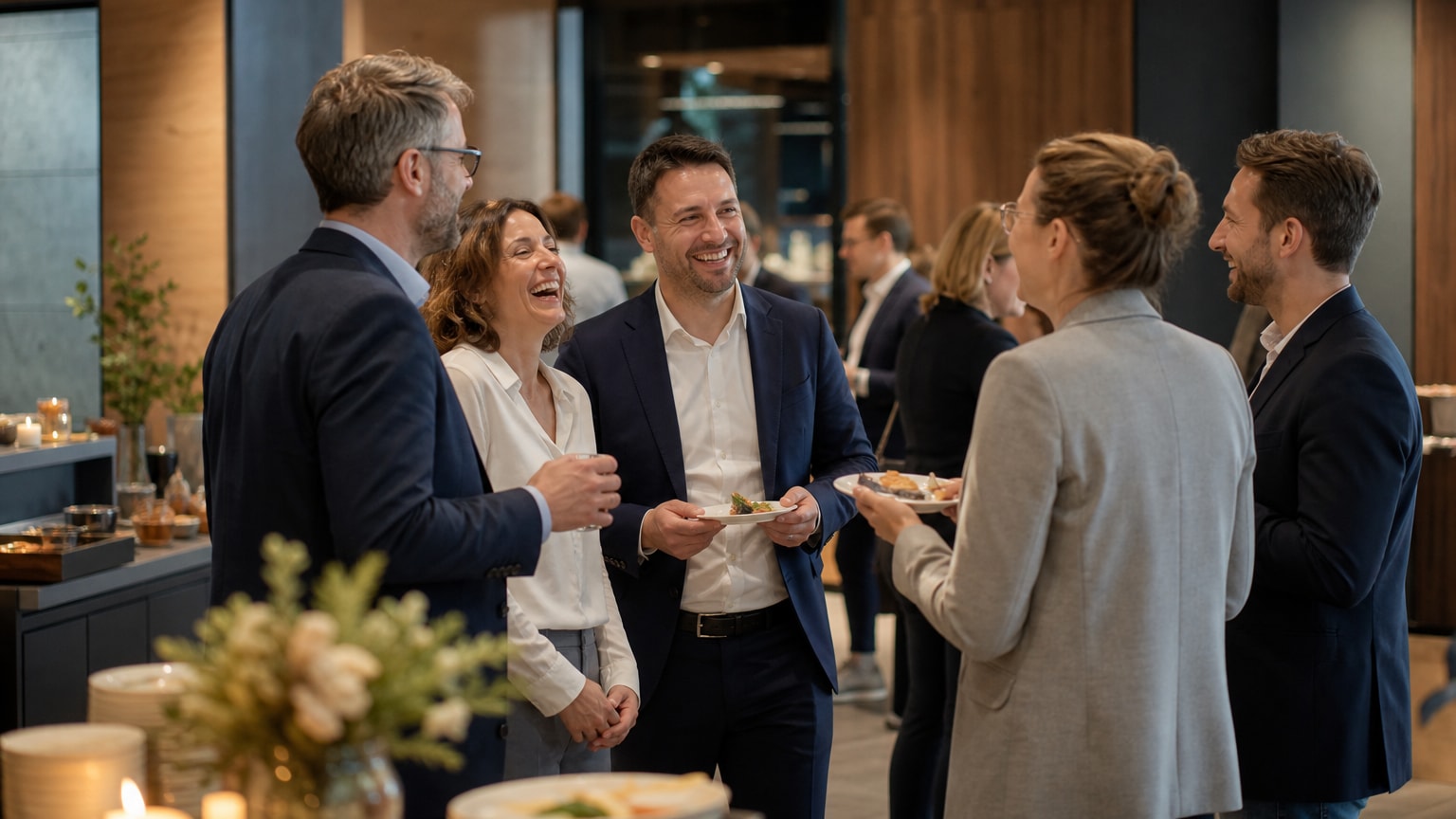Catering Duisburg – Kolleginnen und Kollegen im Gespräch während einer Catering-Pause bei einer Firmenveranstaltung