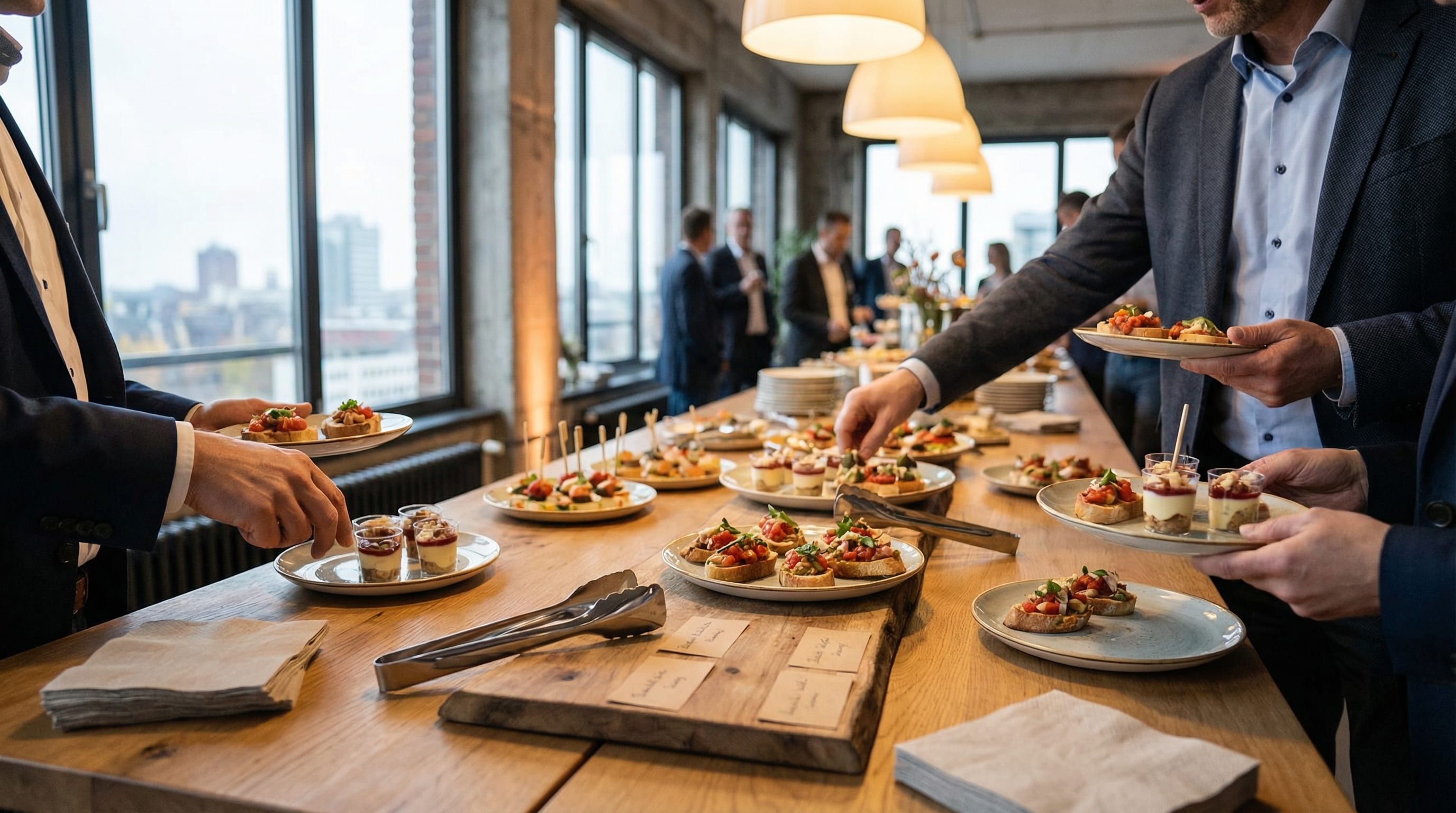 Eventplaner checkt Liste auf Klemmbrett vor Buffet