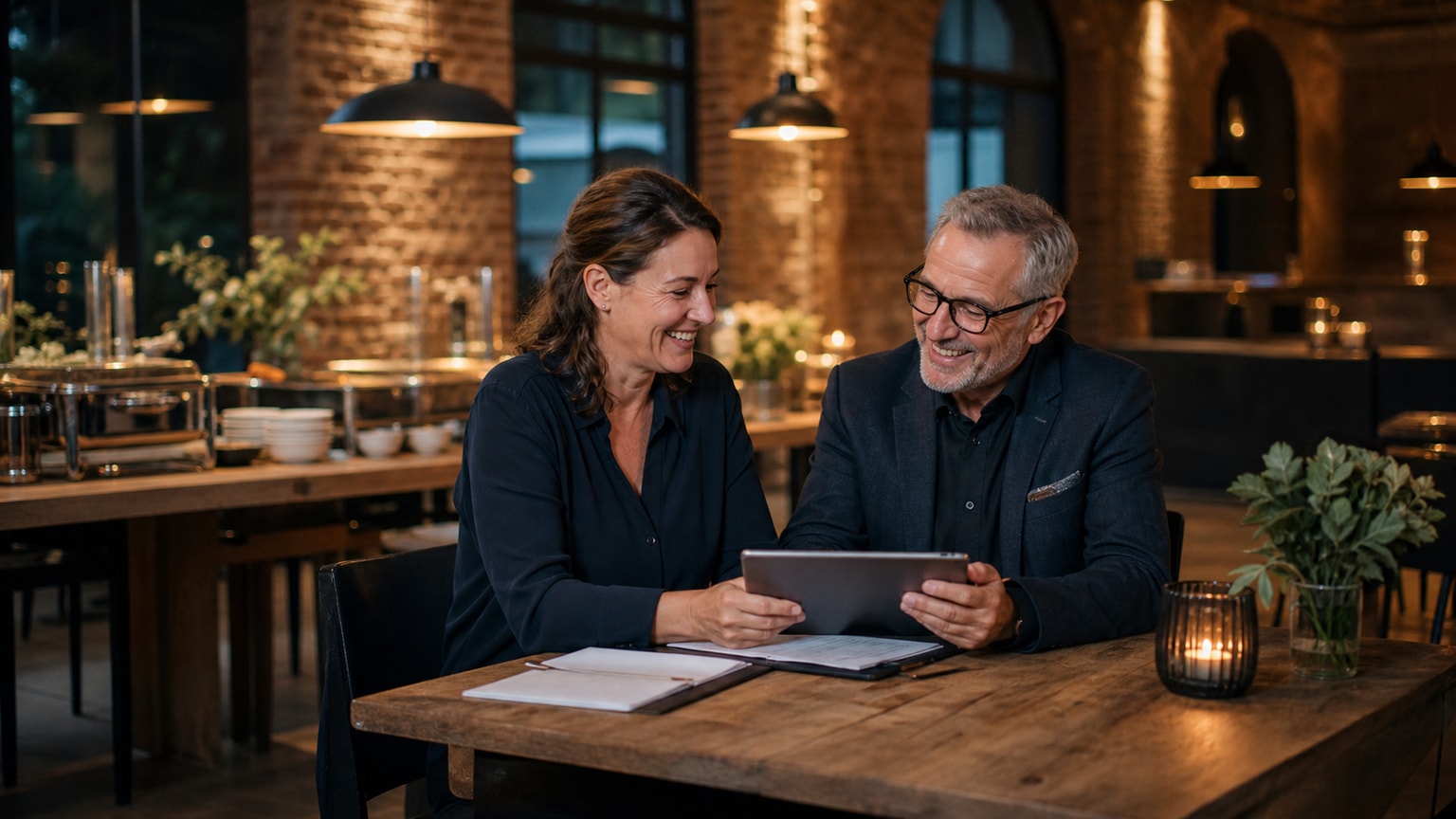 Full Service Catering – Veranstalterin und Catering-Berater besprechen Leistungen und Kosten für eine Feier