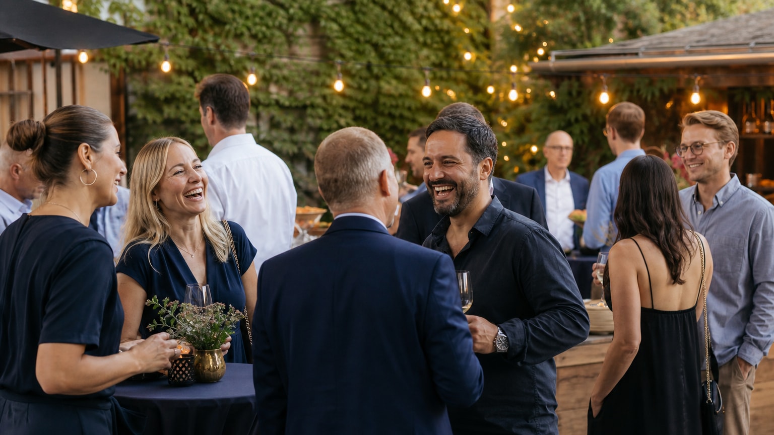 Grill Buffet Ideen – Gäste bei einem entspannten Sommerfest mit Catering im warmen Abendlicht