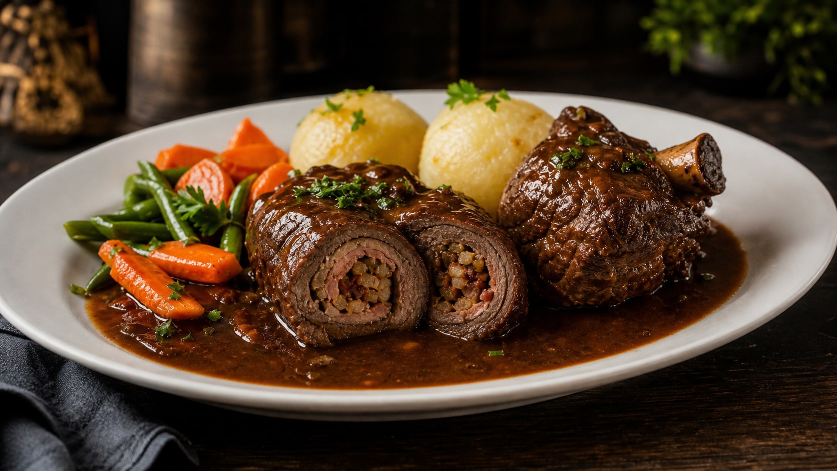 Gutbürgerliches Catering mit Rinderroulade, Lammhaxe, Kartoffelklößen, Möhren und Bohnen in dunkler Sauce