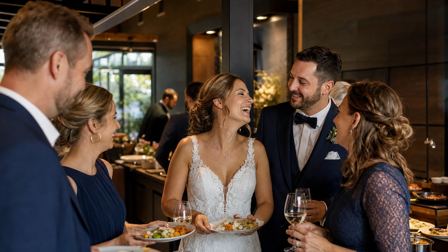 Hochzeitsbuffet – Brautpaar und Gäste bei einer stimmungsvollen Hochzeitsfeier mit Catering in NRW