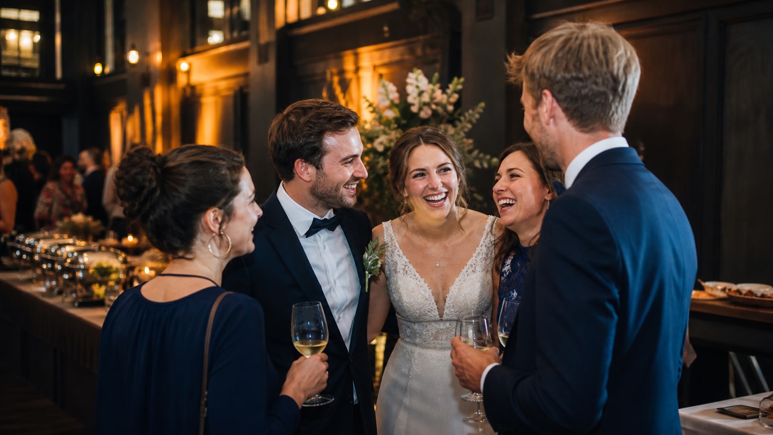 Hochzeitscatering Düsseldorf – Brautpaar und Gäste bei einer stimmungsvollen Hochzeitsfeier mit Catering in NRW