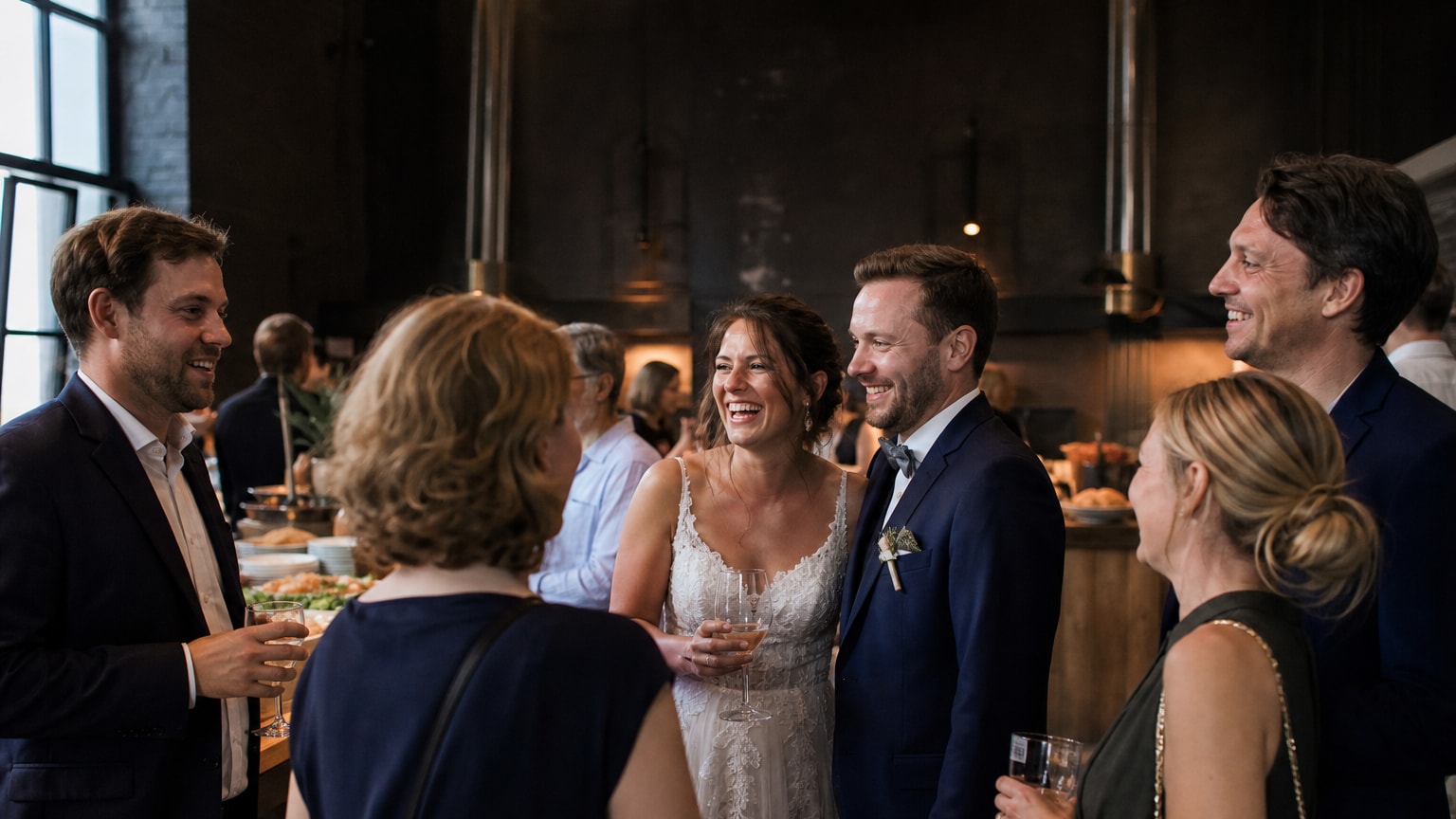 Hochzeitscatering unter 50 – Brautpaar und Gäste bei einer stimmungsvollen Hochzeitsfeier mit Catering in NRW