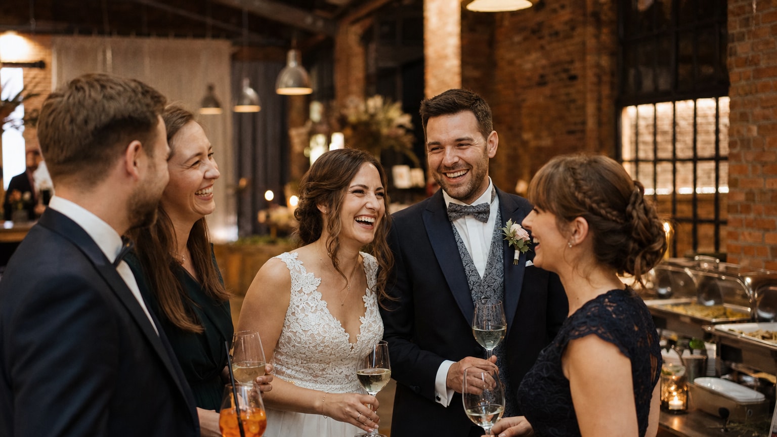 Hochzeitscatering oder Partyservice – Brautpaar und Gäste bei einer stimmungsvollen Hochzeitsfeier mit Catering in NRW