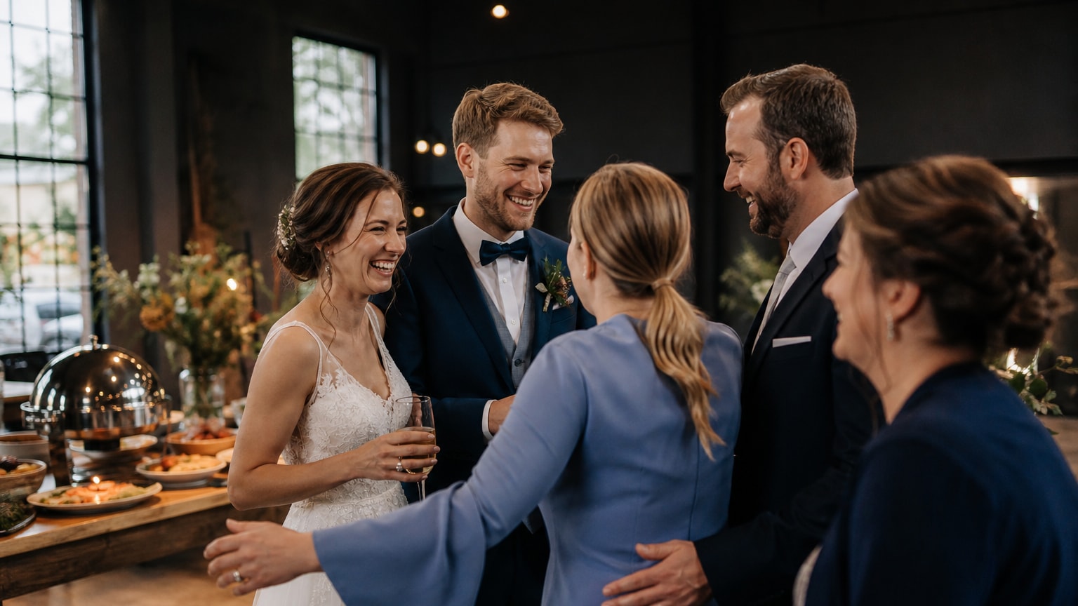 Hochzeitsessen Buffet Auswahl – Brautpaar und Gäste bei einer stimmungsvollen Hochzeitsfeier mit Catering in NRW