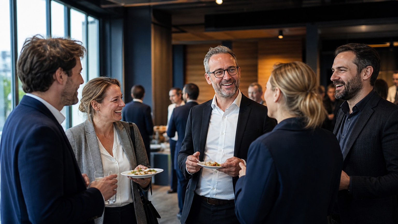 Konferenz Catering Düsseldorf – Kolleginnen und Kollegen im Gespräch während einer Catering-Pause bei einer Firmenveranstaltung