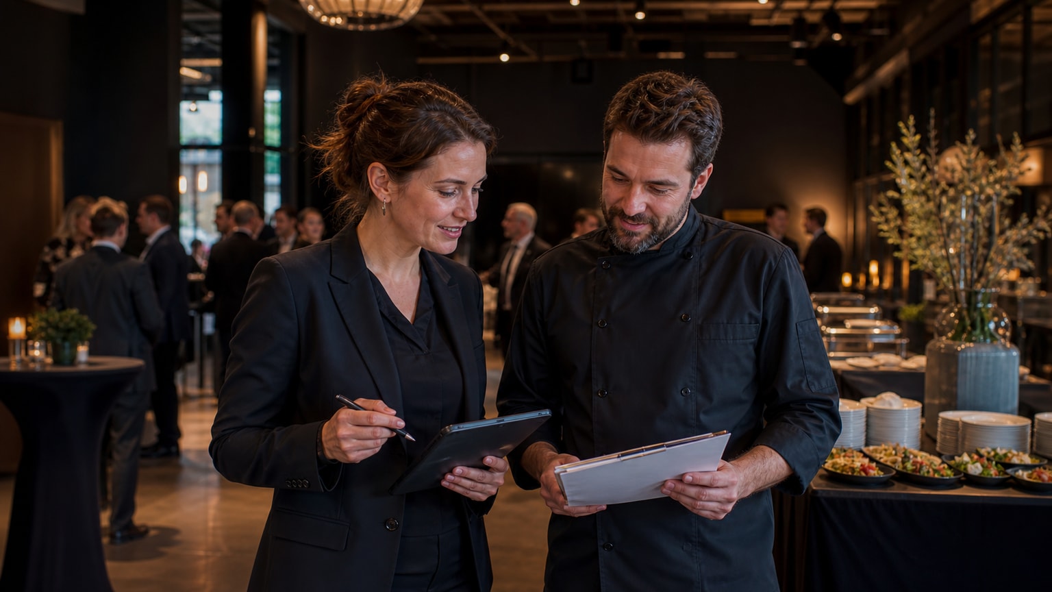 Last-Minute-Catering – Gastgeberin und Caterer planen gemeinsam den Ablauf einer Veranstaltung in NRW