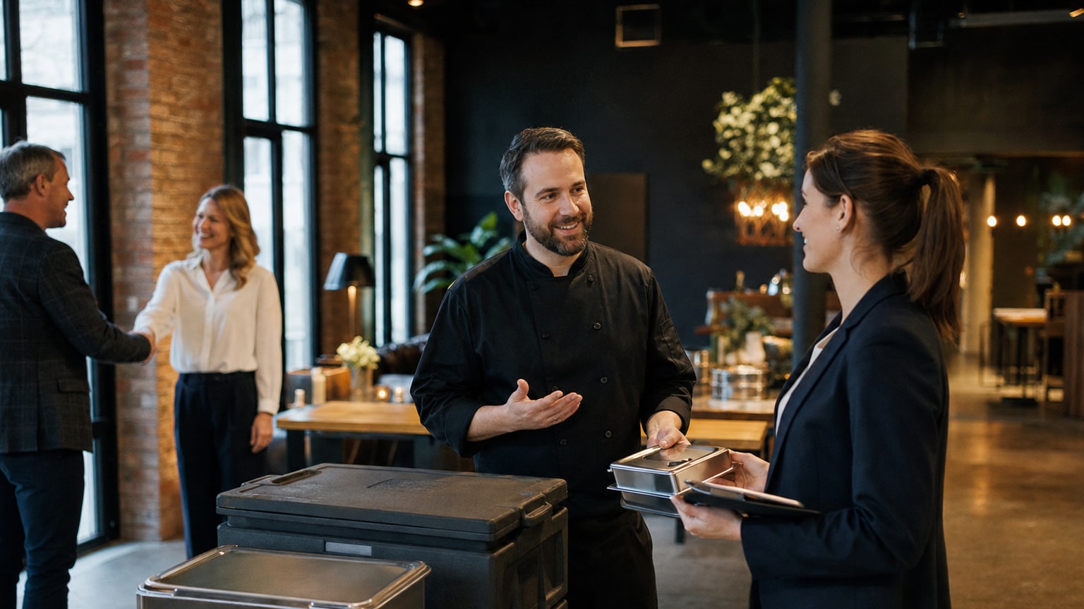 Abstimmung bei der Catering-Übergabe mit Transportbox und Tablet