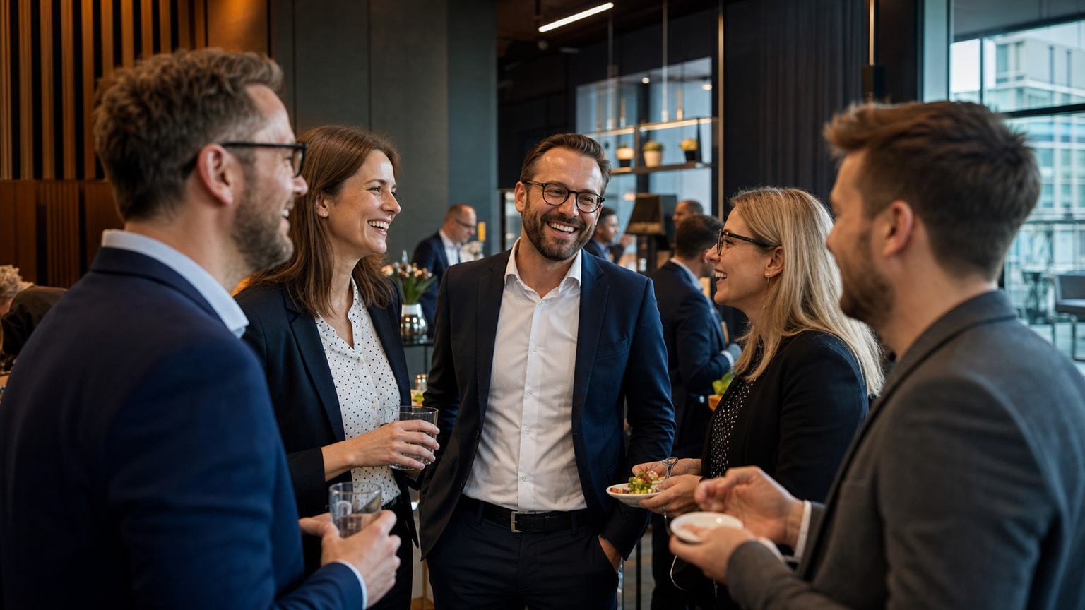 Messe-Catering Düsseldorf – Kolleginnen und Kollegen im Gespräch während einer Catering-Pause bei einer Firmenveranstaltung