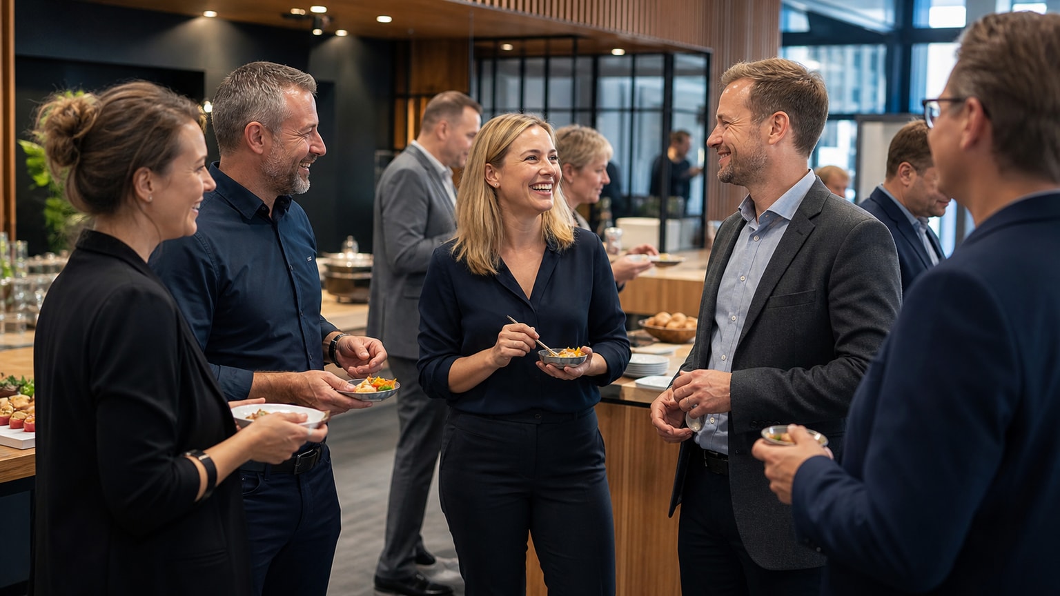 Mittagsverpflegung – Kolleginnen und Kollegen im Gespräch während einer Catering-Pause bei einer Firmenveranstaltung