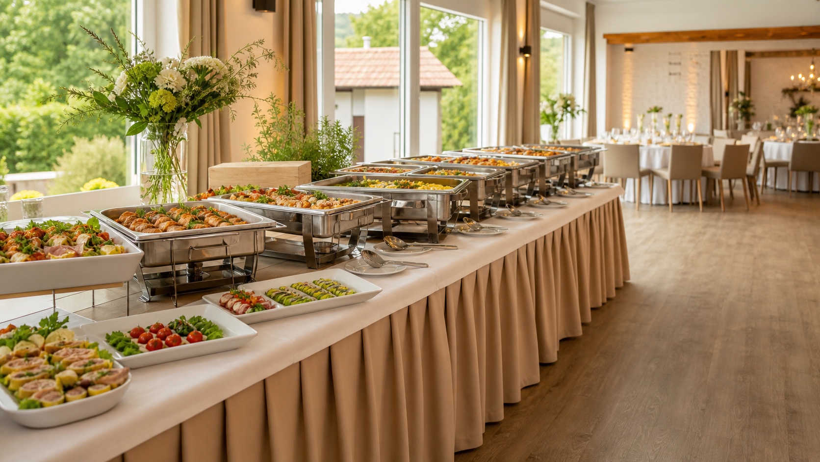 Partyservice für die private Feier mit Selbstbedienungsbuffet, warmen Speisen und freien Laufwegen