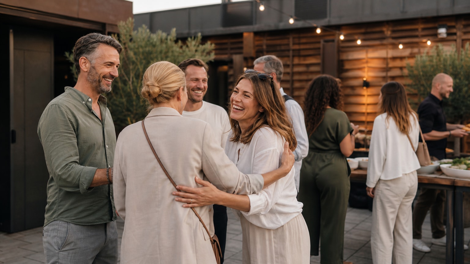 Sommerfest Catering – Gäste bei einem entspannten Sommerfest mit Catering im warmen Abendlicht