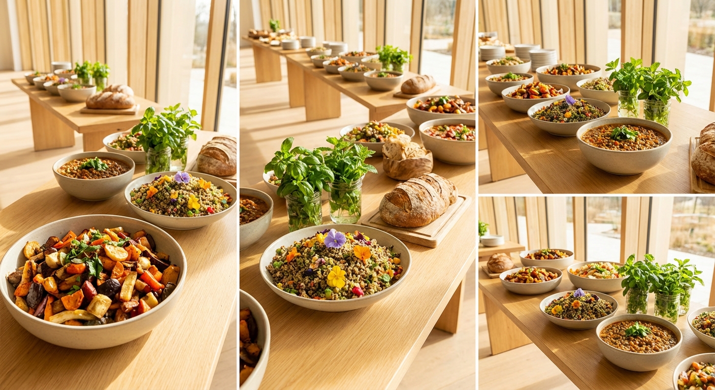 Vegetarisches und veganes Catering-Buffet mit saisonalem Gemüse, Bowls und Kräutern