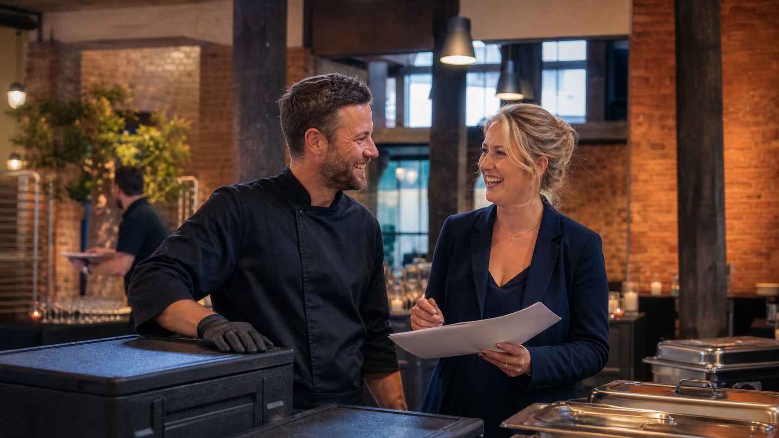 Warmhaltung und Kühlkette beim Catering – Caterer und Veranstalterin bei Aufbau und Übergabe eines Buffets in einer NRW-Location