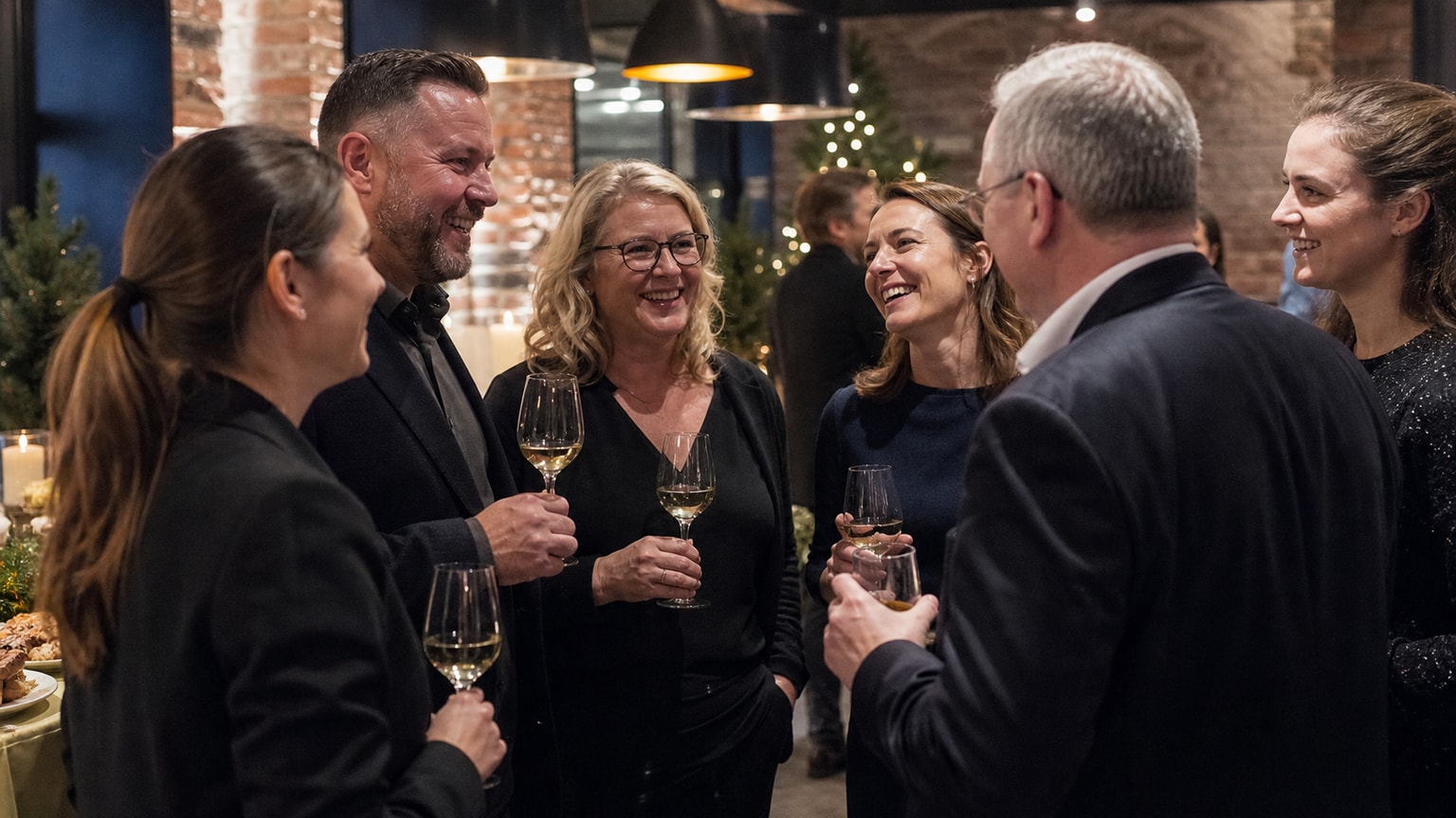 Weihnachtsfeier-Catering – Kolleginnen und Kollegen bei einer warm beleuchteten Firmen-Weihnachtsfeier mit Catering