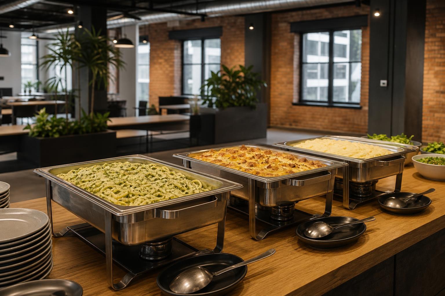 Firmencatering-Buffet für 45 Personen in Essen mit Bandnudeln und Kartoffelbeilagen