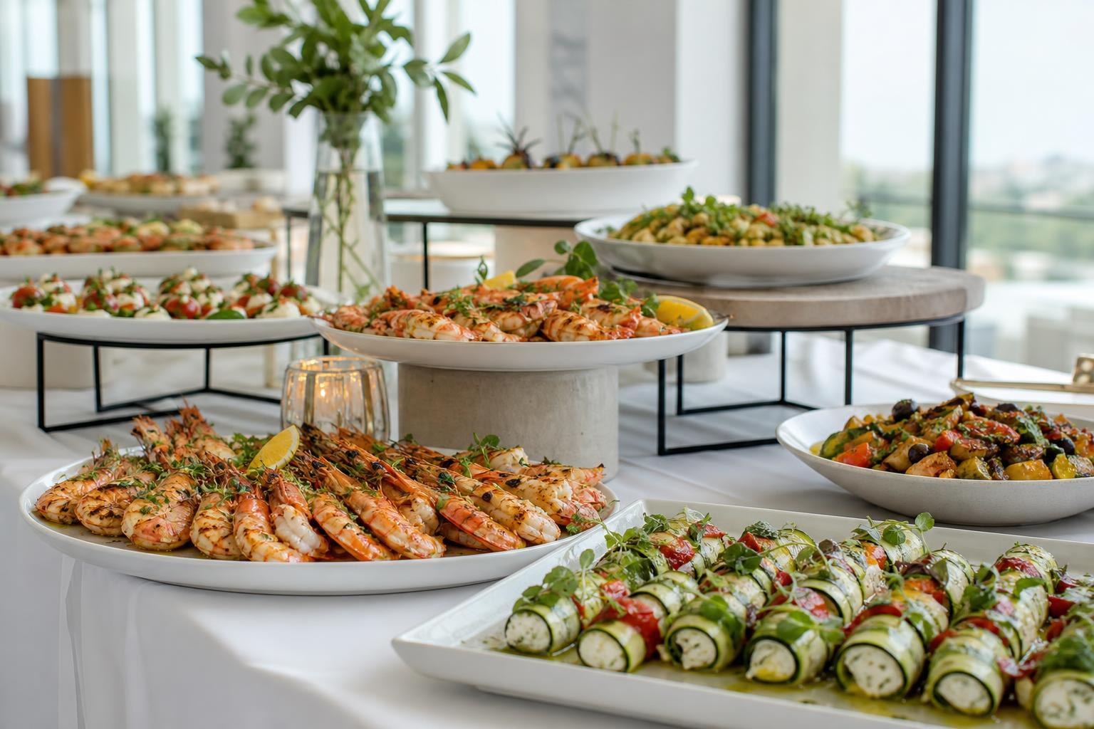 Buffet für 40 Personen in Neuss mit Zucchini-Röllchen, Garnelen und Grillgemüse
