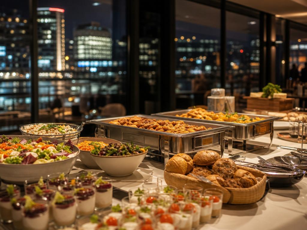 Buffet für eine Firmenfeier am Abend im Düsseldorfer MedienHafen
